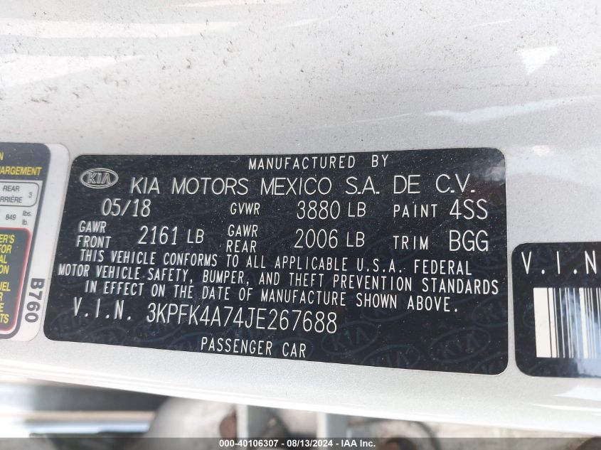 2018 Kia Forte Lx VIN: 3KPFK4A74JE267688 Lot: 40106307