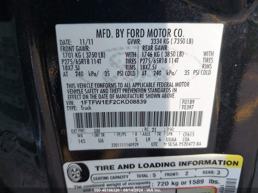 2012 Ford F-150 Xlt VIN: 1FTFW1EF2CKD08839 Lot: 40106320