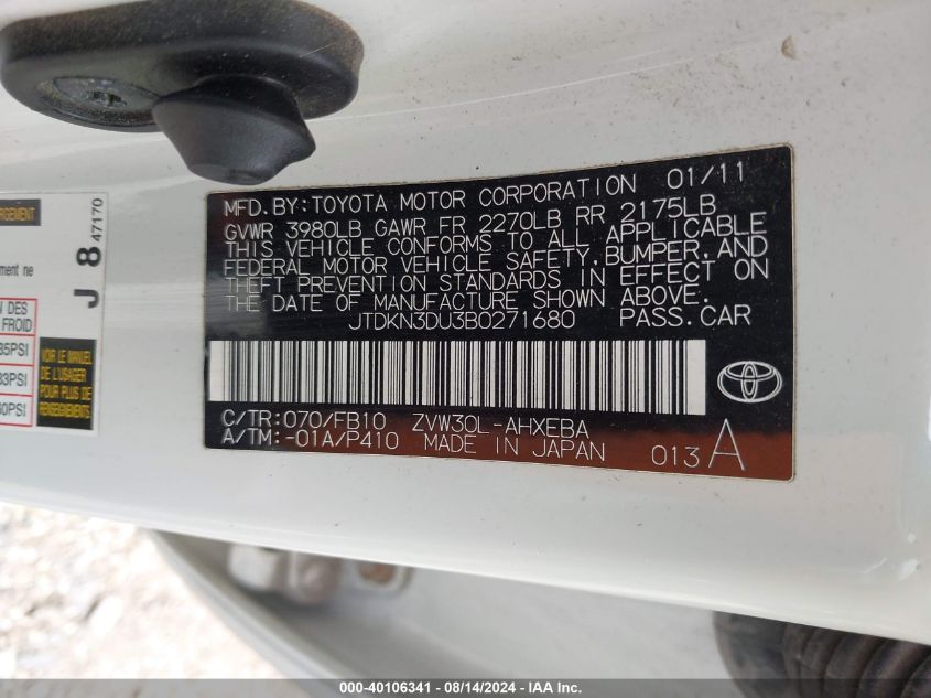 2011 Toyota Prius Three VIN: JTDKN3DU3B0271680 Lot: 40106341