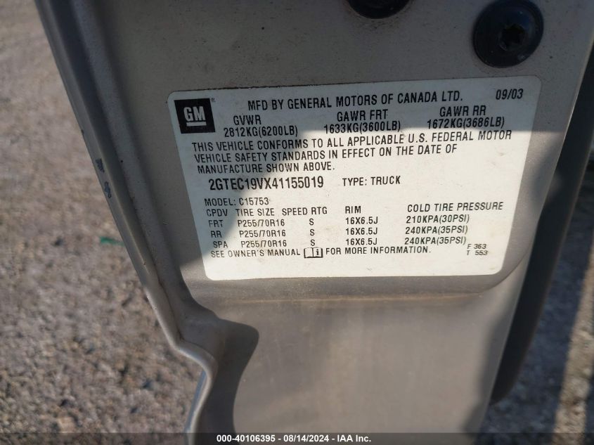 2004 GMC Sierra 1500 Sle VIN: 2GTEC19VX41155019 Lot: 40106395