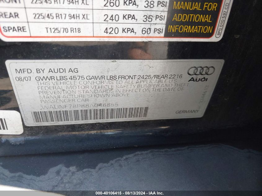 2008 Audi A3 2.0T VIN: WAUNF78P88A046855 Lot: 40106415