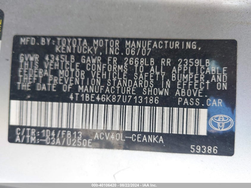 2007 Toyota Camry Le VIN: 4T1BE46K87U713186 Lot: 40106420