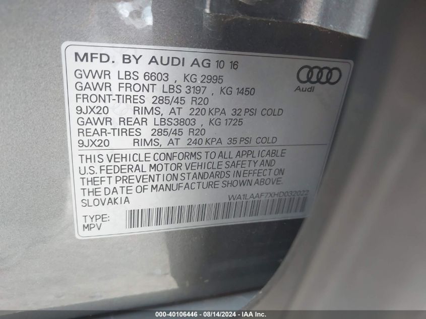 WA1LAAF7XHD032022 2017 Audi Q7 3.0T Premium