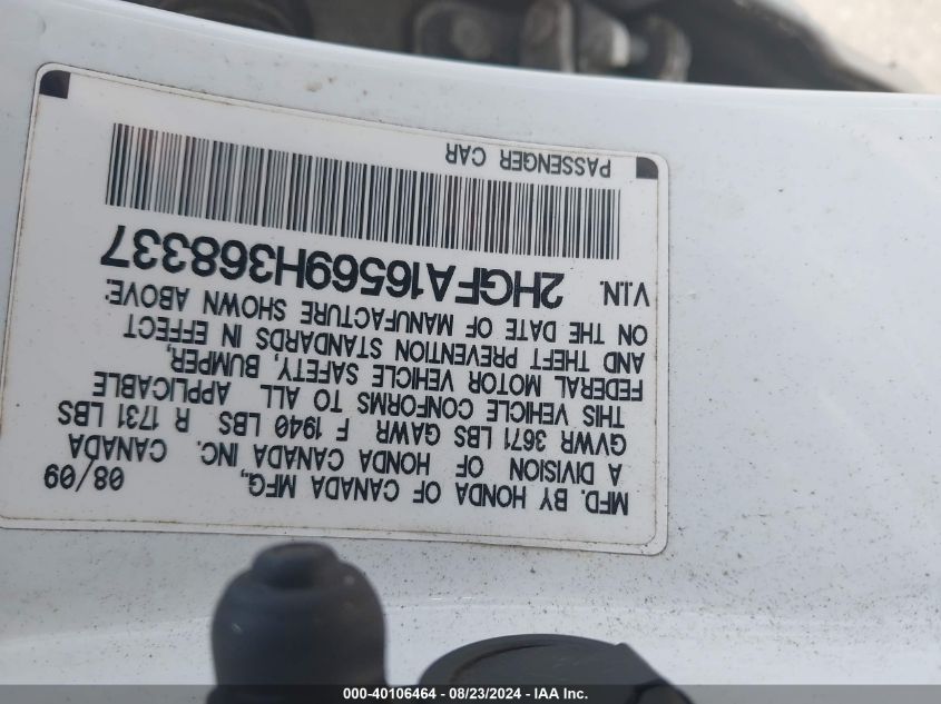 2009 Honda Civic Lx VIN: 2HGFA16569H368337 Lot: 40106464