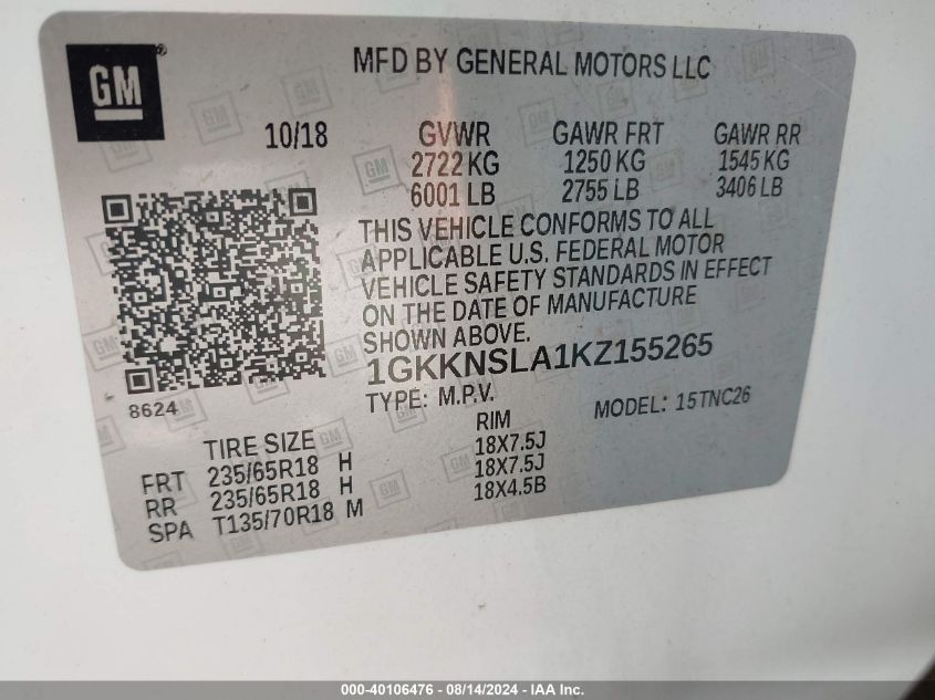 1GKKNSLA1KZ155265 2019 GMC Acadia Sle-2