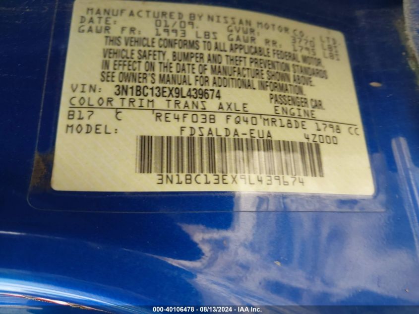 2009 Nissan Versa 1.8S VIN: 3N1BC13EX9L439674 Lot: 40106478