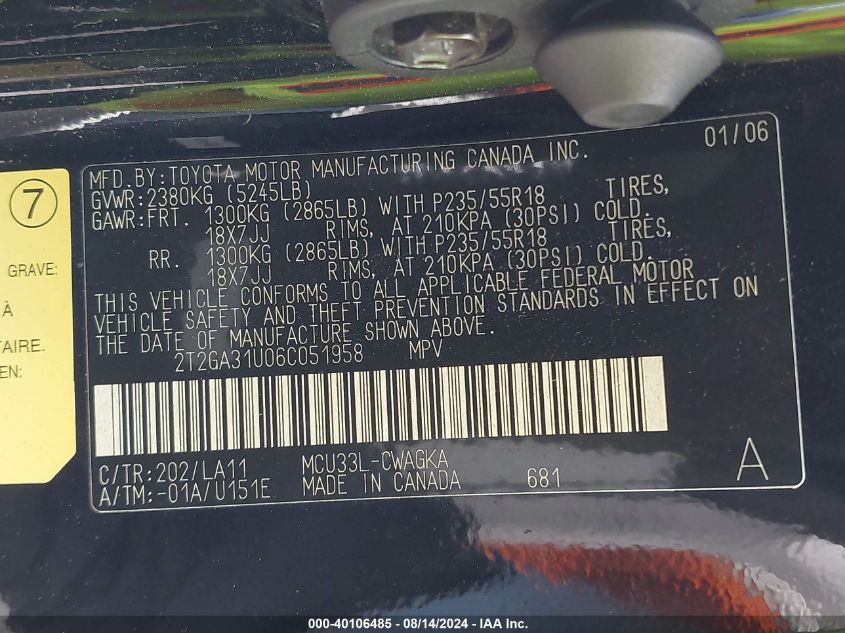 2006 Lexus Rx 330 VIN: 2T2GA31U06C051958 Lot: 40106485