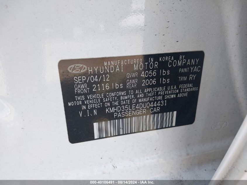 2013 Hyundai Elantra Gt VIN: KMHD35LE4DU044431 Lot: 40106491