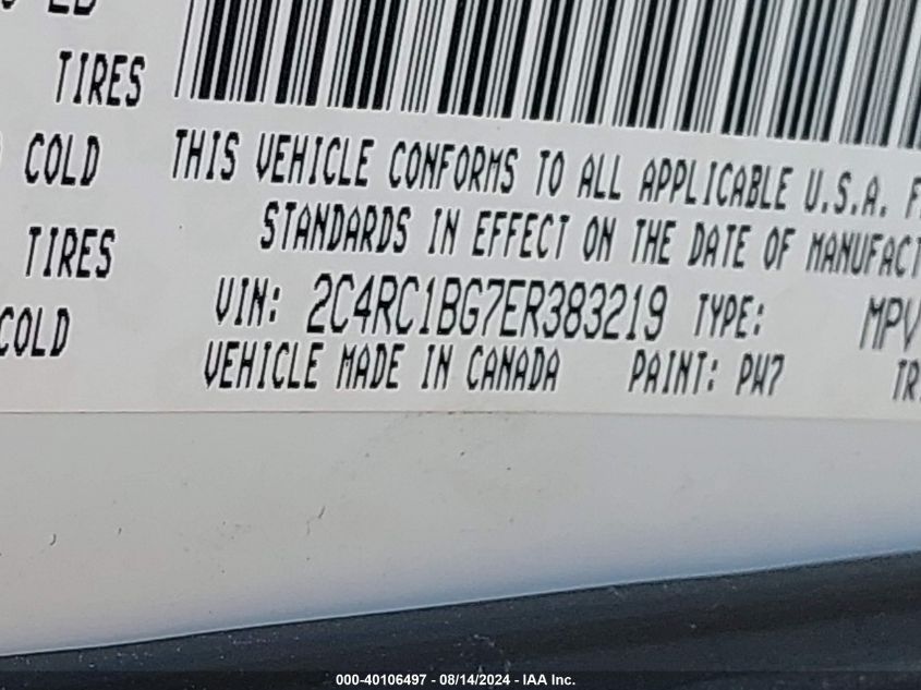 2014 Chrysler Town & Country Touring VIN: 2C4RC1BG7ER383219 Lot: 40106497