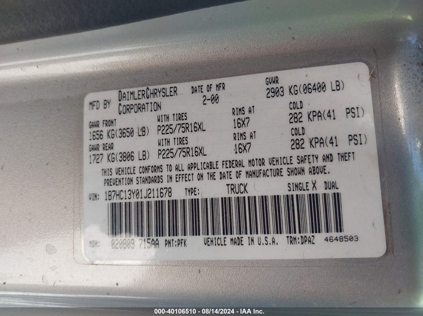 2001 Dodge Ram 1500 St VIN: 1B7HC13Y01J211678 Lot: 40106510