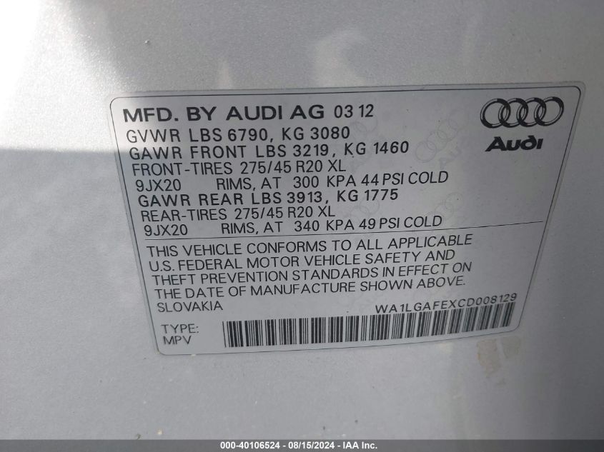 WA1LGAFEXCD008129 2012 Audi Q7 3.0T Premium