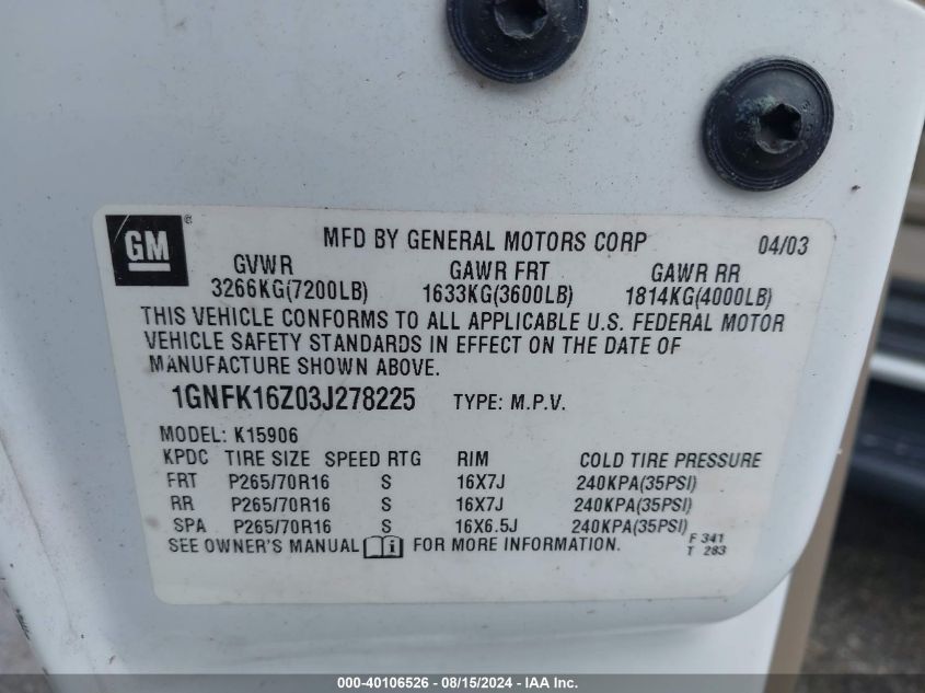 2003 Chevrolet Suburban K1500 VIN: 1GNFK16Z03J278225 Lot: 40106526