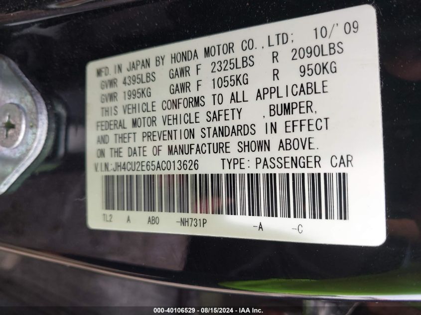 2010 Acura Tsx 2.4 VIN: JH4CU2E65AC013626 Lot: 40106529