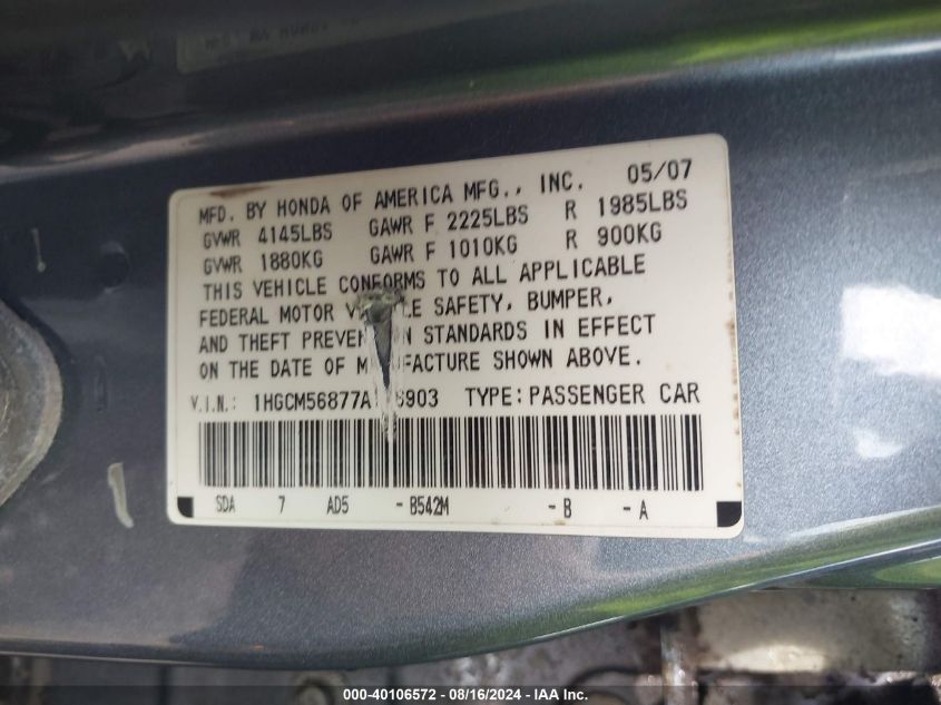 1HGCM56877A176903 2007 Honda Accord 2.4 Ex