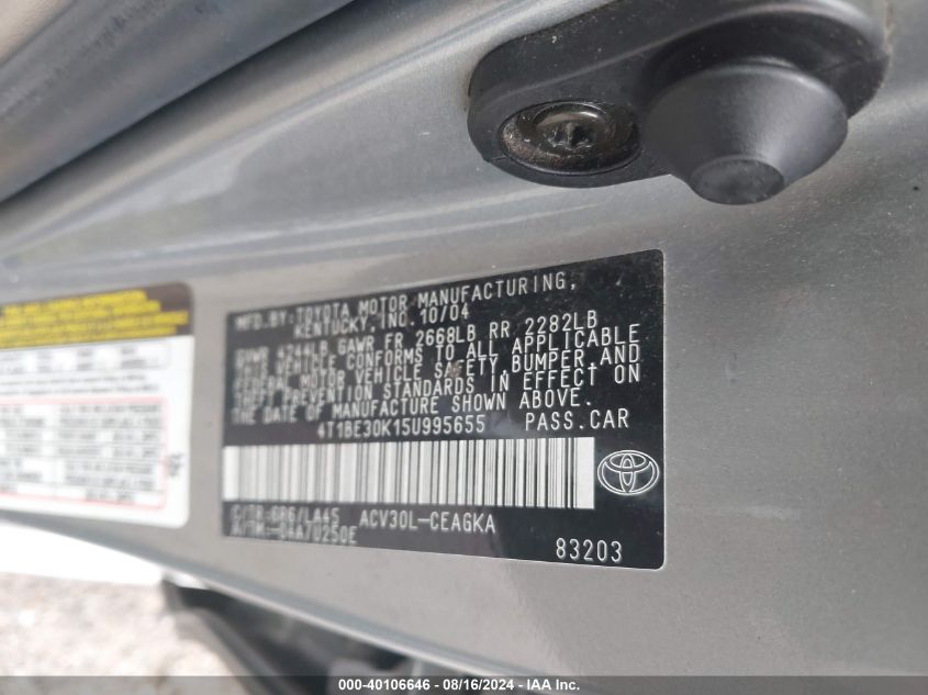 2005 Toyota Camry Xle VIN: 4T1BE30K15U995655 Lot: 40106646