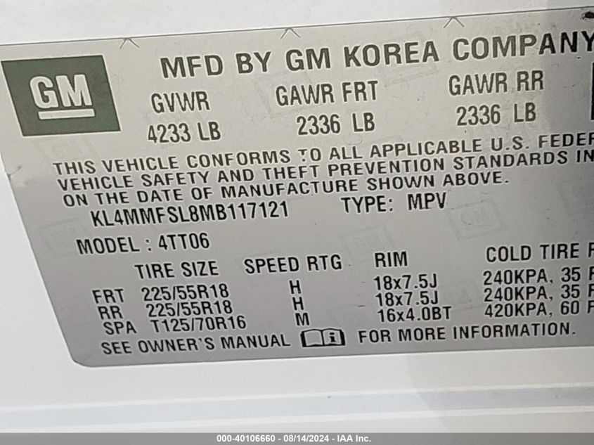 2021 Buick Encore Gx Fwd Essence VIN: KL4MMFSL8MB117121 Lot: 40106660