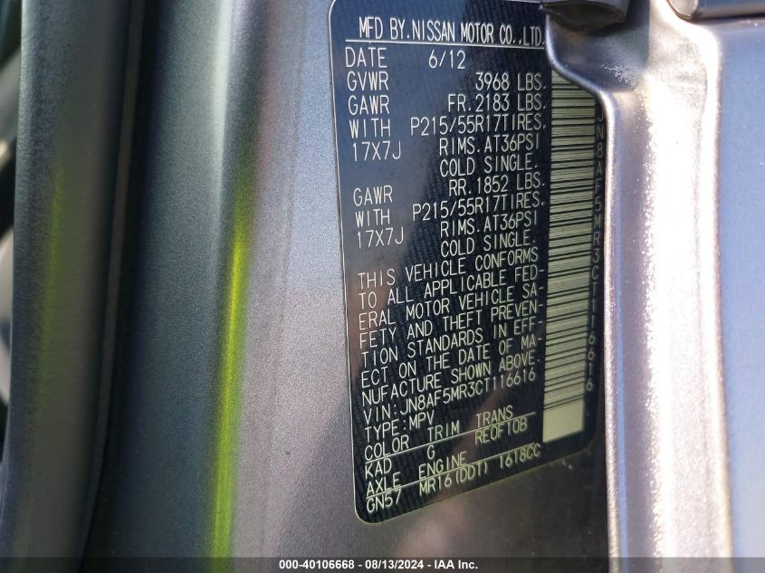 2012 Nissan Juke S VIN: JN8AF5MR3CT116616 Lot: 40106668