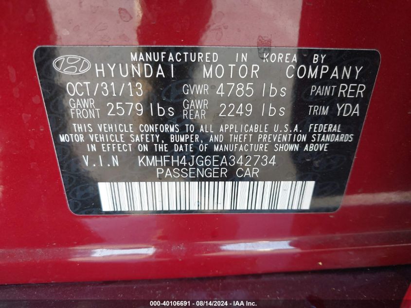 2014 Hyundai Azera Limited VIN: KMHFH4JGBEA342734 Lot: 40106691