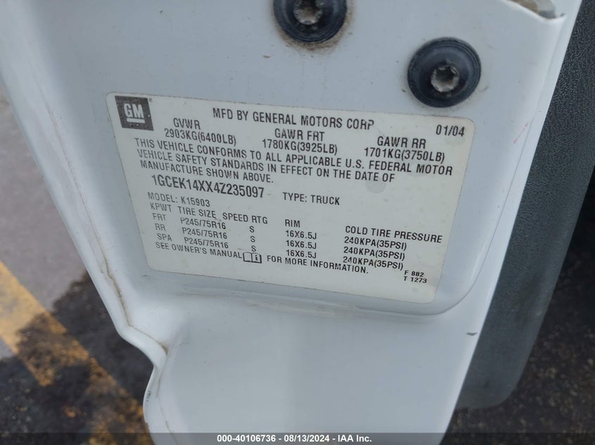 2004 Chevrolet Silverado 1500 Work Truck VIN: 1GCEK14XX4Z235097 Lot: 40106736
