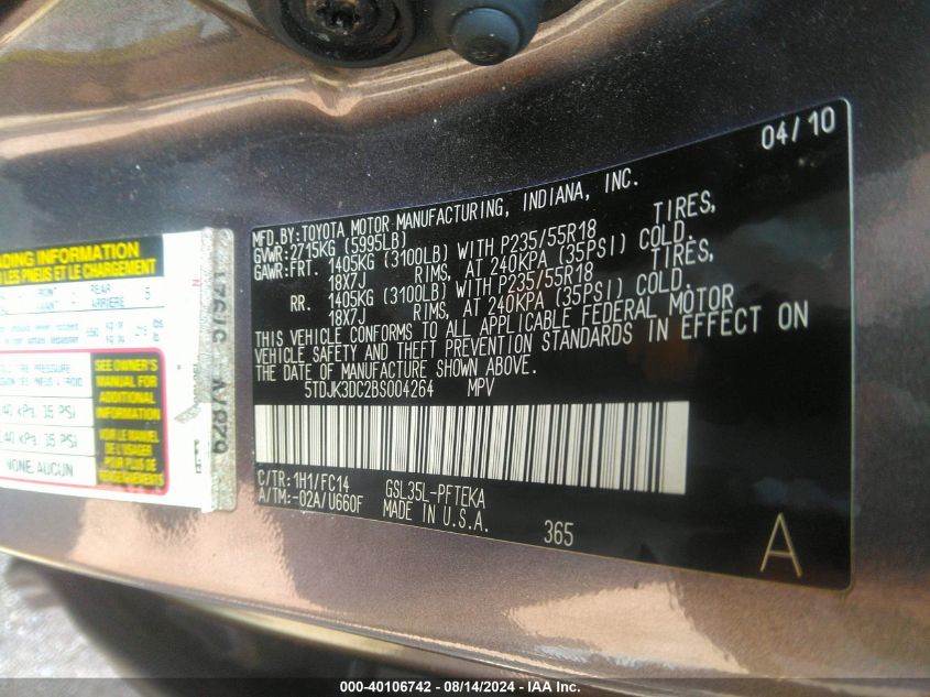 5TDJK3DC2BS004264 2011 Toyota Sienna Le