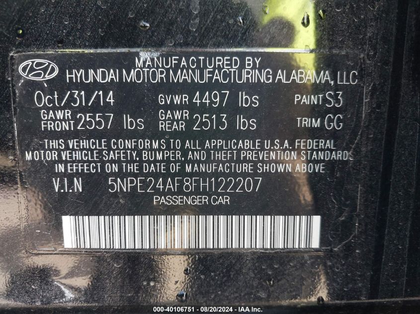 2015 HYUNDAI SONATA SE - 5NPE24AF8FH122207