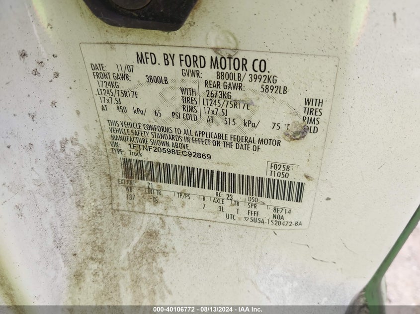 2008 Ford F-250 Xl/Xlt VIN: 1FTNF20598EC92869 Lot: 40106772