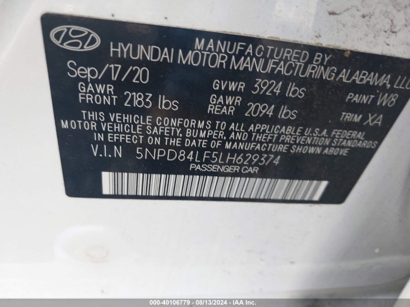 2020 Hyundai Elantra Value Edition VIN: 5NPD84LF5LH629374 Lot: 40106779