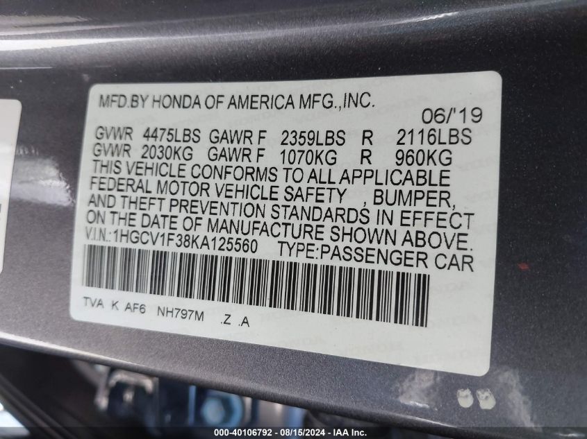 1HGCV1F38KA125560 2019 Honda Accord Sport