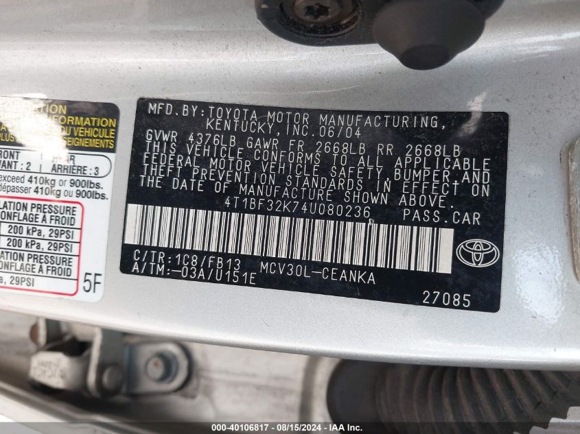 4T1BF32K74U080236 2004 Toyota Camry Le V6