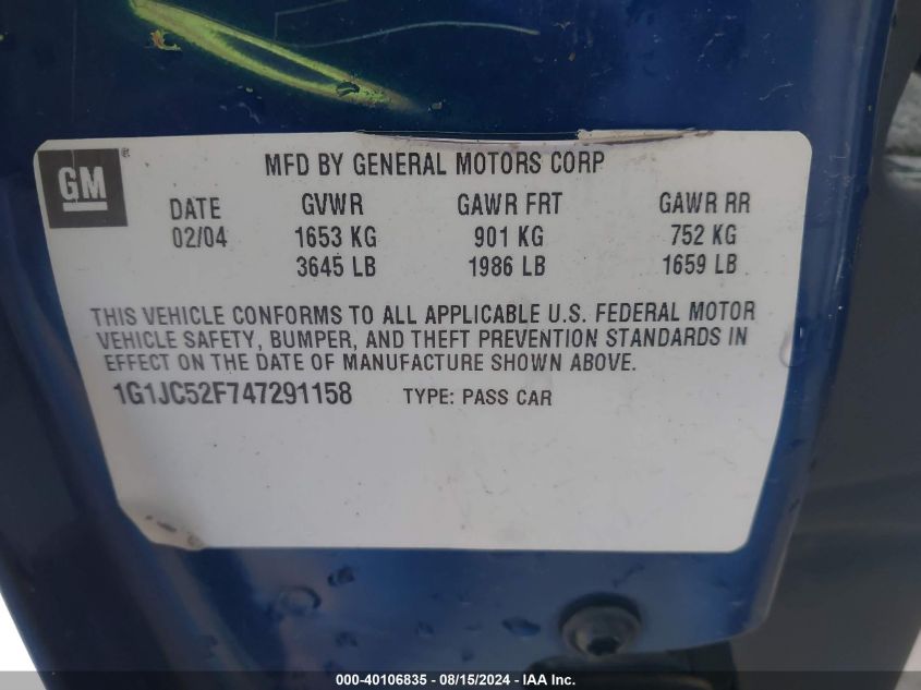 2004 Chevrolet Cavalier VIN: 1G1JC52F747291158 Lot: 40106835