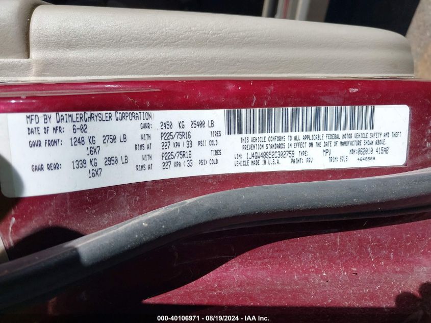 2002 Jeep Grand Cherokee Laredo VIN: 1J4GW48S52C302759 Lot: 40106971