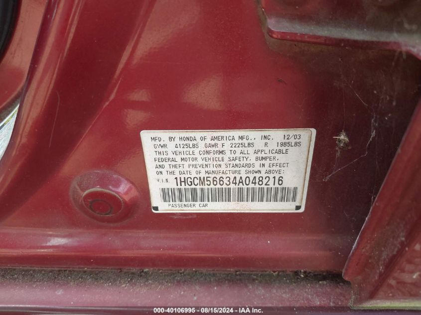 2004 Honda Accord 2.4 Ex VIN: 1HGCM56634A048216 Lot: 40106995