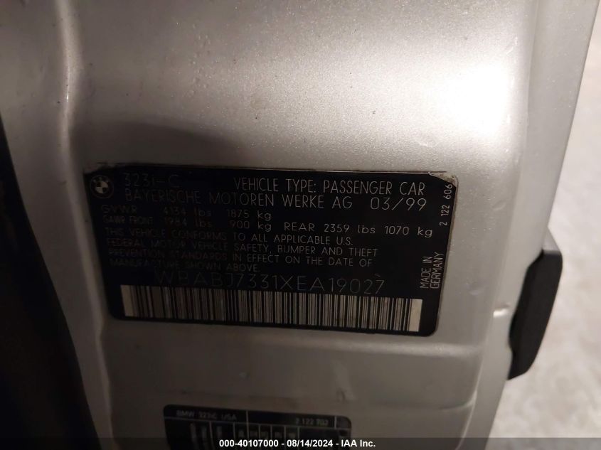 1999 BMW 323 Ic VIN: WBABJ7331XEA19027 Lot: 40107000