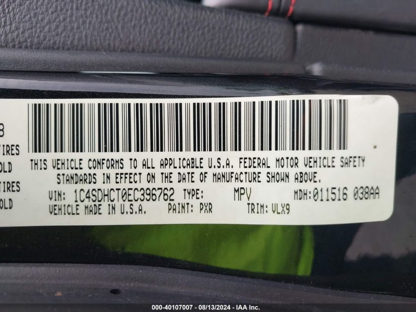 2014 Dodge Durango R/T VIN: 1C4SDHCT0EC396762 Lot: 40107007