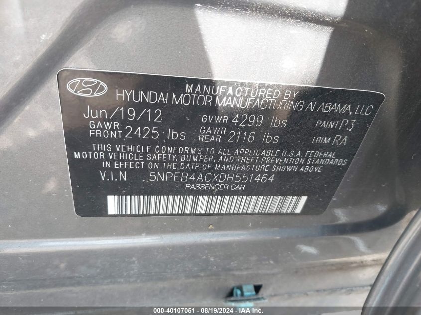 2013 Hyundai Sonata Gls VIN: 5NPEB4ACXDH551464 Lot: 40107051