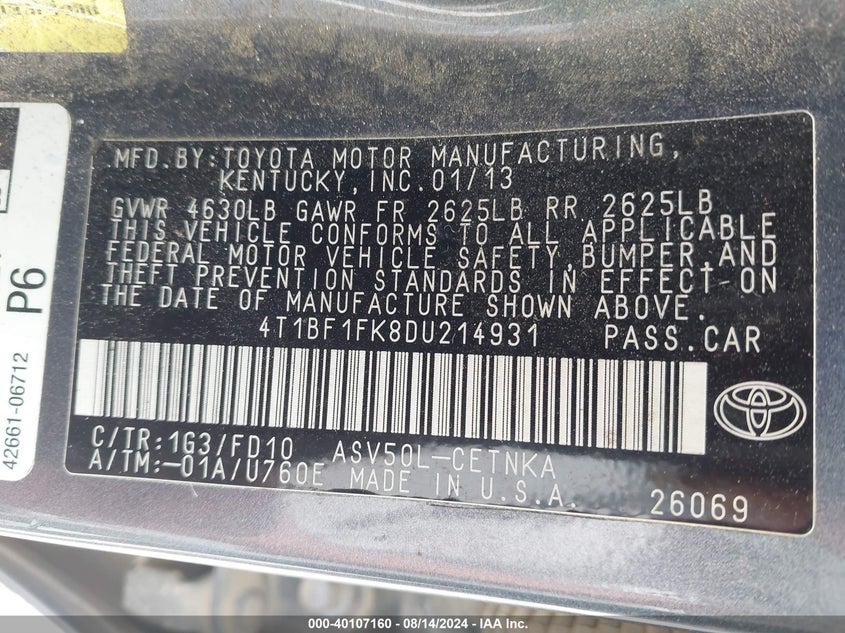 2013 TOYOTA CAMRY LE - 4T1BF1FK8DU214931