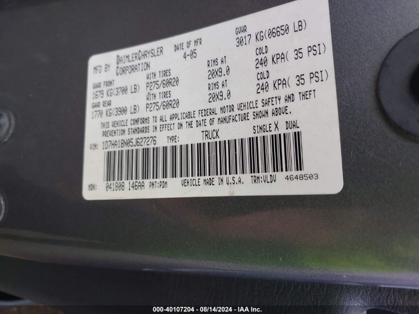 2005 Dodge Ram 1500 Slt/Laramie VIN: 1D7HA18N05J627276 Lot: 40107204