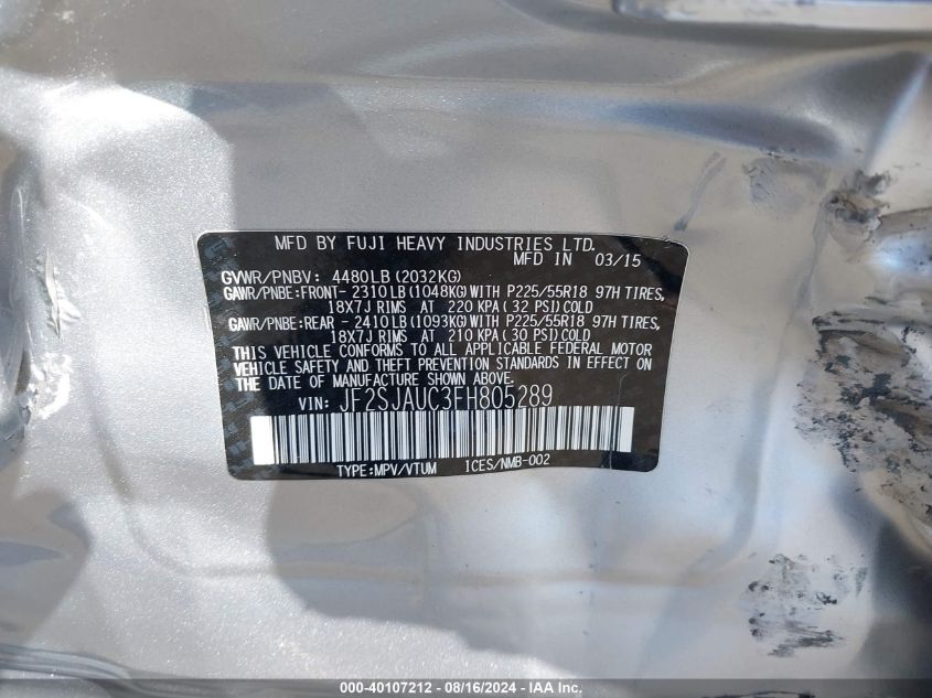 2015 Subaru Forester 2.5I Touring VIN: JF2SJAUC3FH805289 Lot: 40107212