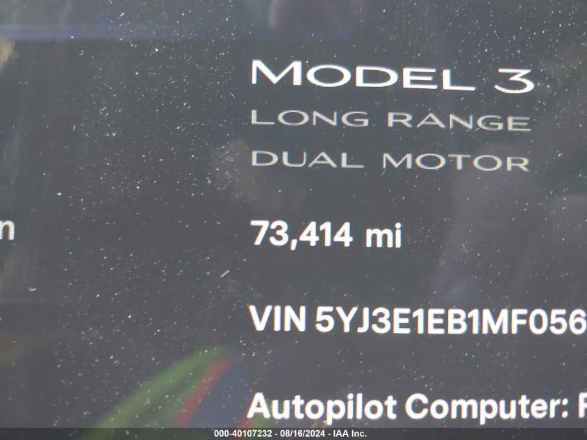 2021 Tesla Model 3 VIN: 5YJ3E1EB1MF056440 Lot: 40107232