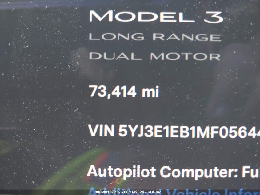 2021 Tesla Model 3 VIN: 5YJ3E1EB1MF056440 Lot: 40107232