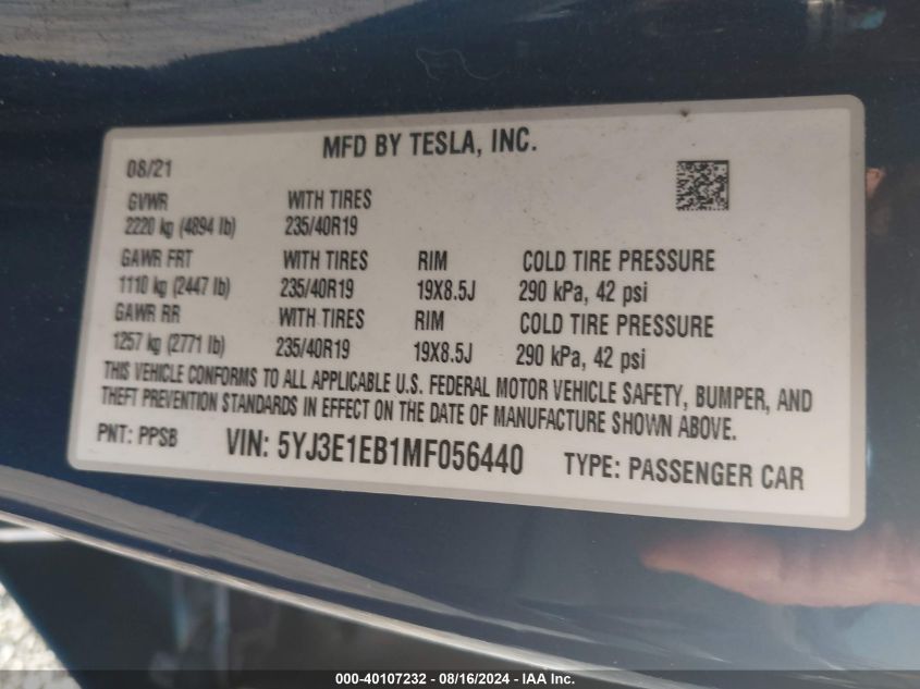 2021 Tesla Model 3 VIN: 5YJ3E1EB1MF056440 Lot: 40107232