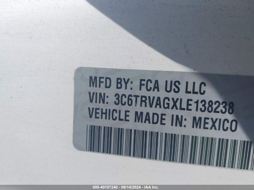 2020 Ram Promaster 1500 Low Roof 136 Wb VIN: 3C6TRVAGXLE138238 Lot: 40107240