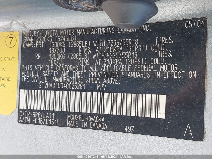 2004 Lexus Rx 330 VIN: 2T2HA31U04C025281 Lot: 40107246