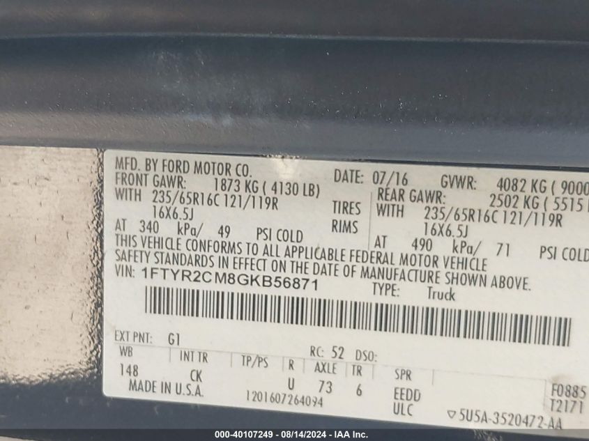 2016 Ford Transit-250 VIN: 1FTYR2CM8GKB56871 Lot: 40107249