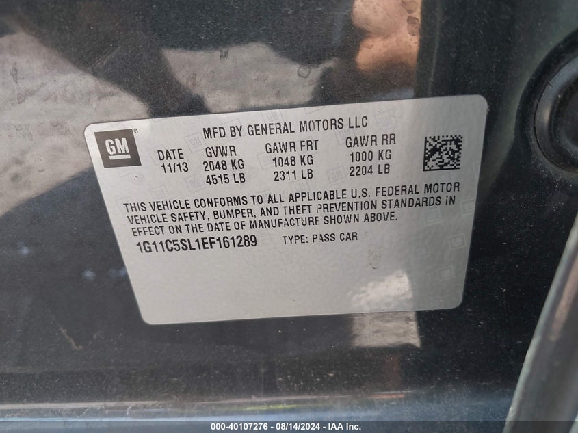 2014 Chevrolet Malibu 1Lt VIN: 1G11C5SL1EF161289 Lot: 40107276