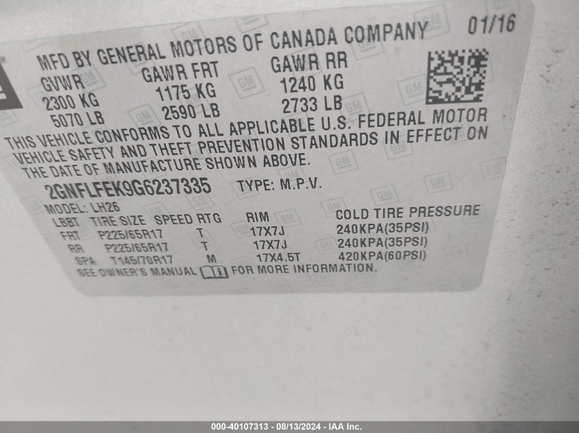 2016 Chevrolet Equinox Lt VIN: 2GNFLFEK9G6237335 Lot: 40107313