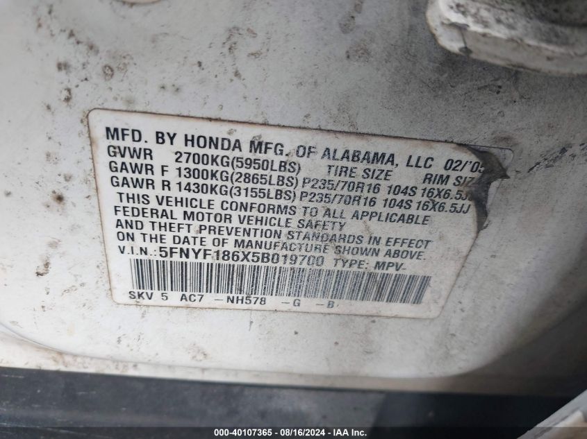 2005 Honda Pilot Ex-L VIN: 5FNYF186X5B019700 Lot: 40107365