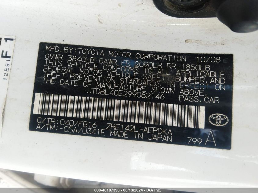 2009 Toyota Corolla Le VIN: JTDBL40E299082146 Lot: 40107398