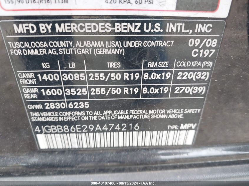 2009 Mercedes-Benz Ml 350 4Matic VIN: 4JGBB86E29A474216 Lot: 40107408