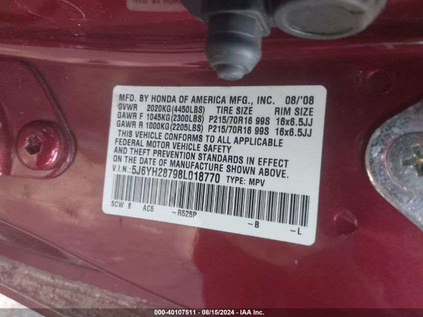 2008 Honda Element Ex VIN: 5J6YH28798L018770 Lot: 40107511